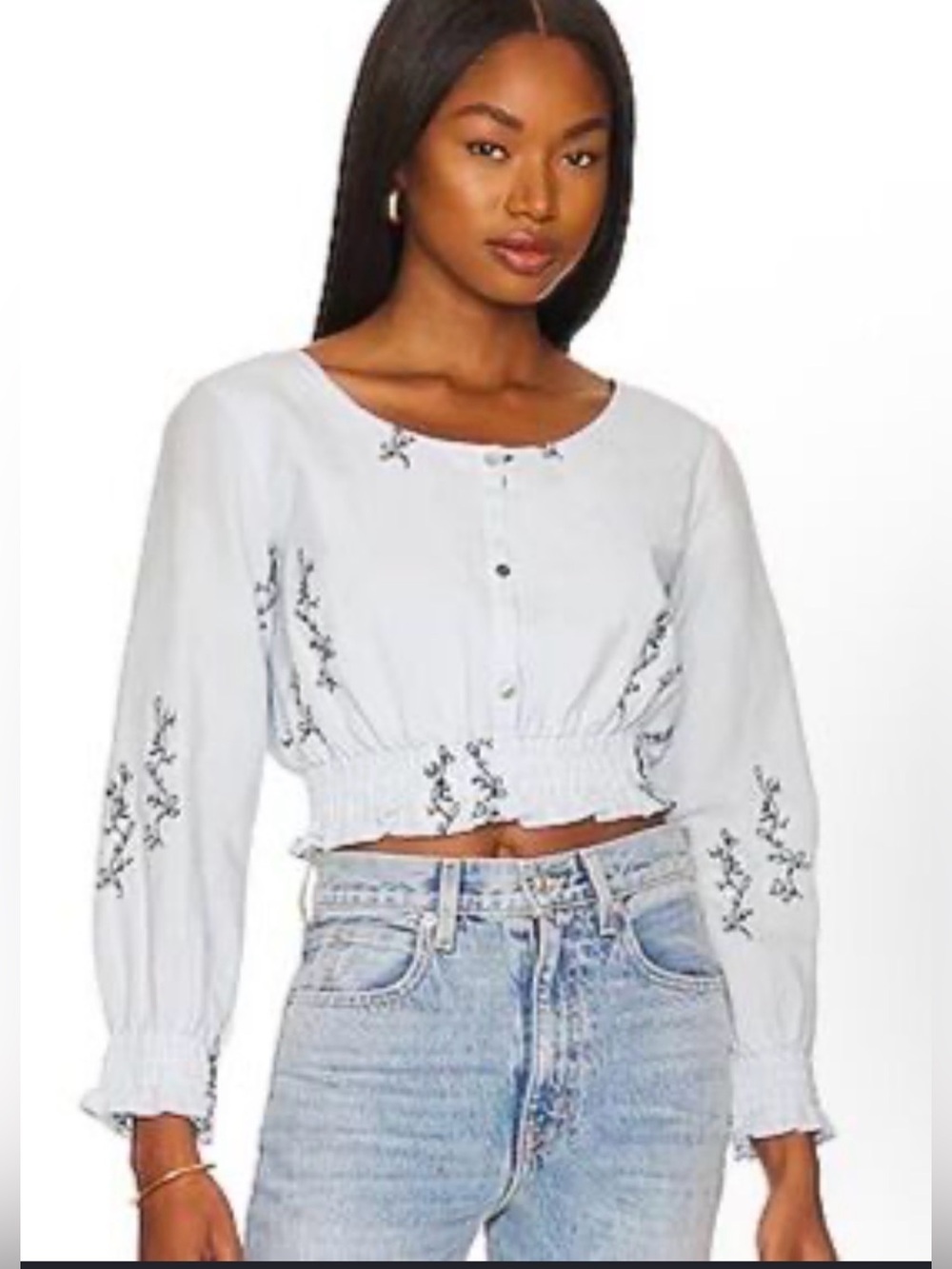 Something Navy Powder Blue Cropped Embroidered Button-Front Top Size Small NWT